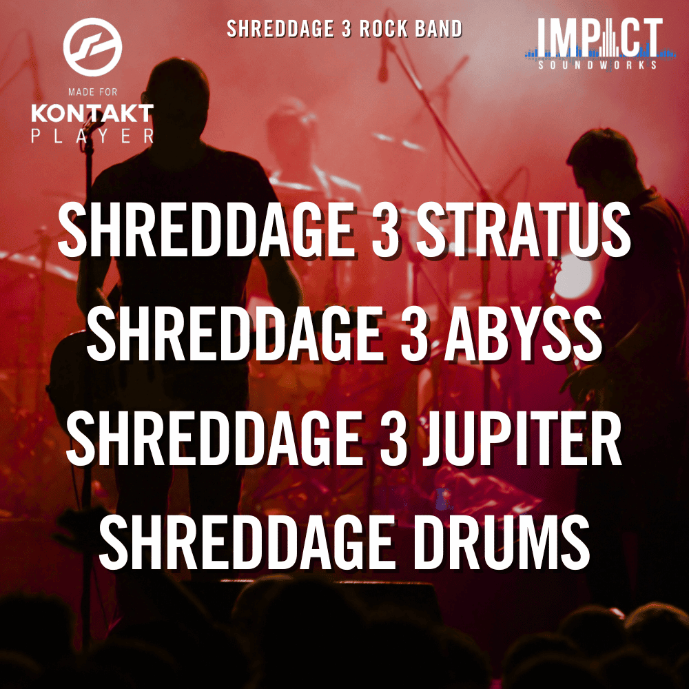 Shreddage 3 Rock Band, including Shreddage 3 Stratus, Abyss, Jupiter, and Shreddage Drums.