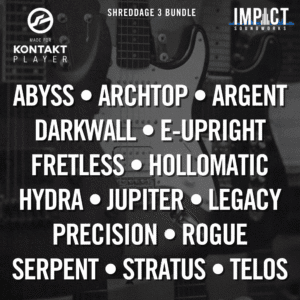 Shreddage 3 Bundle, containing Shreddage 3 Abyss, Archtop, Argent, Darkwall, E-Upright, Fretless, Hollomatic, Hydra, Jupiter, Legacy, Precision, Rogue, Serpent, Stratus, and Telos.