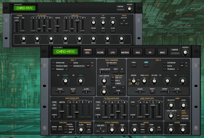 Two screenshots over a digital background, one showing a simple user interface and one showing a more complicated version with many more controls